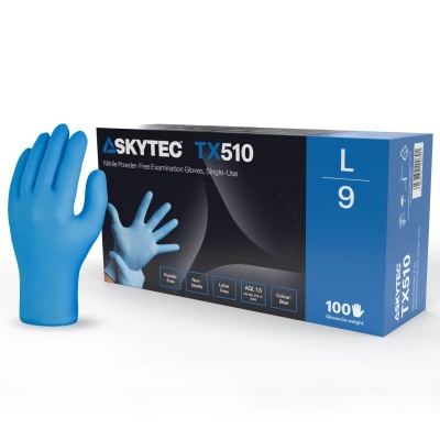 Skytec TX510 Thin Blue Powder-Free Chemical-Resistant Disposable Nitrile Gloves